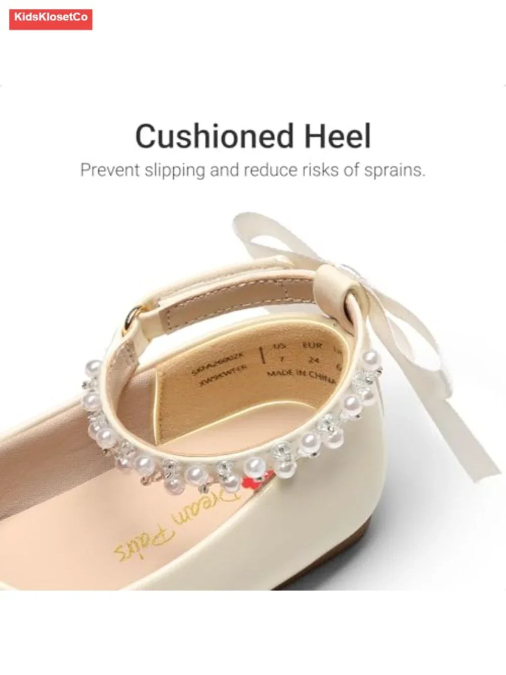 Toddler Girls Mary Jane Ballet Flat Shoes with Pearl Ankle Strap & Satin Bow